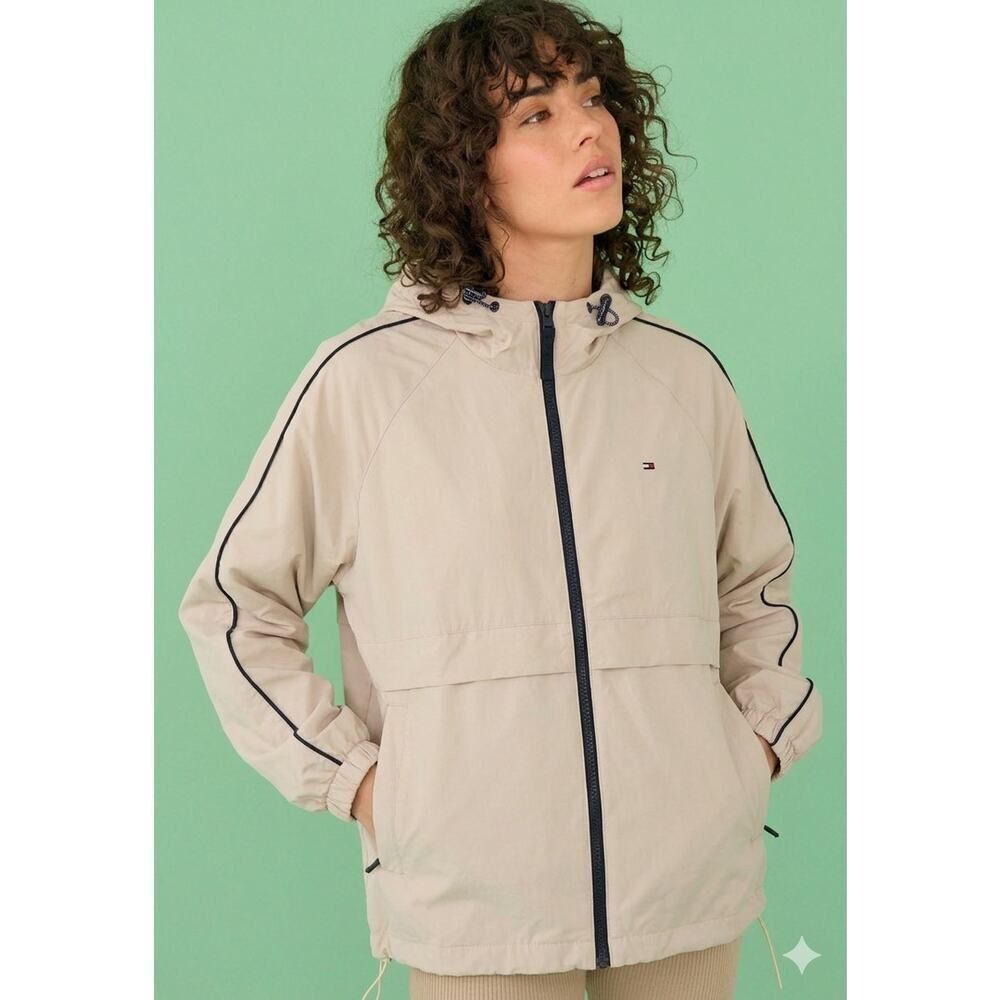 Tommy Hilfiger Hooded Jacket Women's M Beige Lightweight Windbreaker Utility